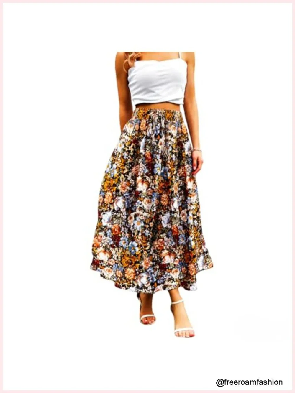 Floral Maxi Skirt with Pockets, Midi Length, A-Line, Flowy